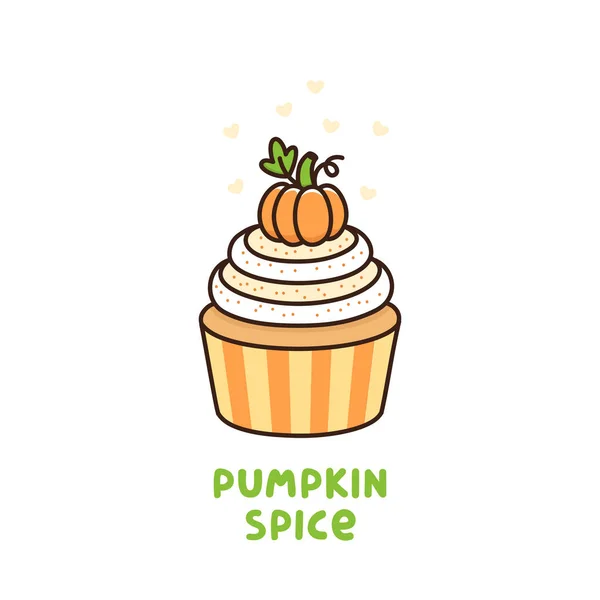 Pumpkin spice cupcake met opgeklopte slagroom en kleine pompoen, Amerikaanse Thanksgiving Day-dessert. — Stockvector