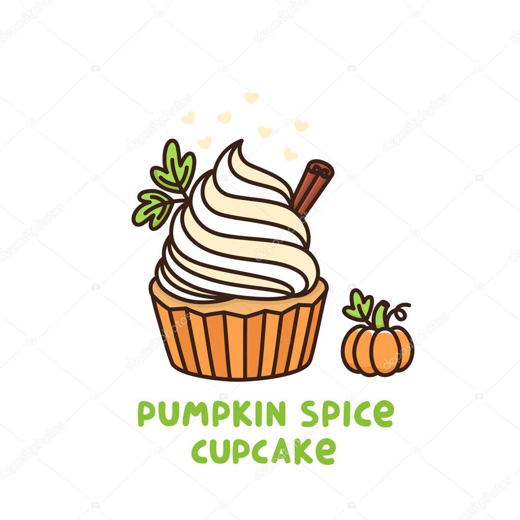 Pumpkin spice cupcake with whipped cream and small pumpkin, American Thanksgiving Day dessert.