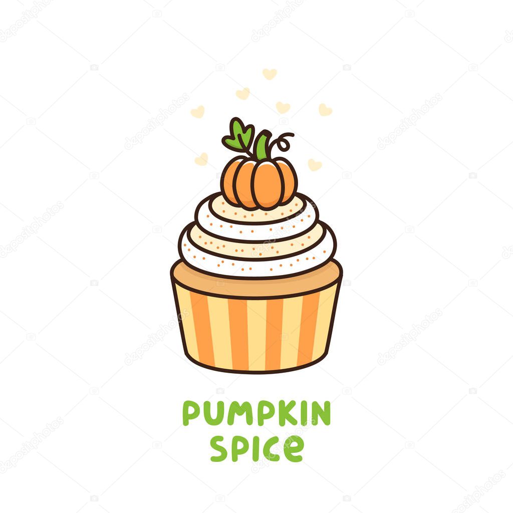 Pumpkin spice cupcake with whipped cream and small pumpkin, American Thanksgiving Day dessert. 