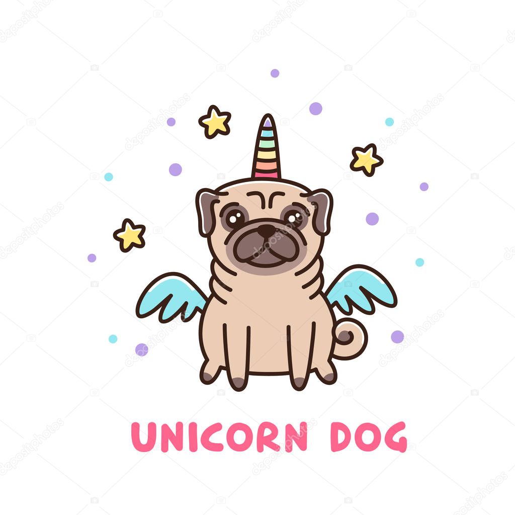 Cute dog of pug breed in a unicorn costume.