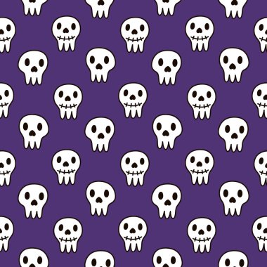 Cadılar Bayramı için şirin desenle bir hayalet ve mor bir arka plan üzerinde bir kafatası. 