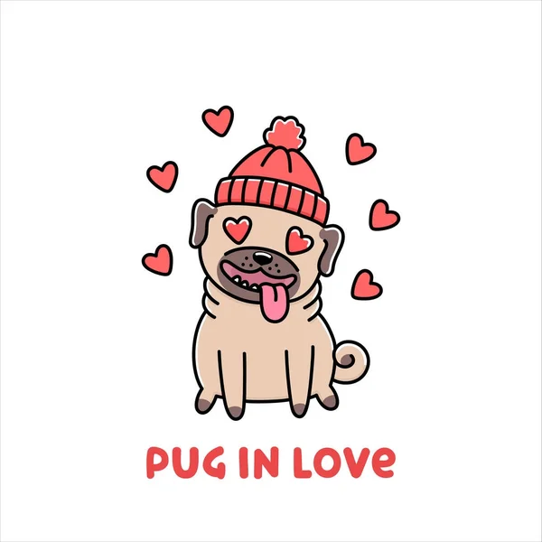 Cão bonito raça pug no chapéu, no amor . — Vetor de Stock