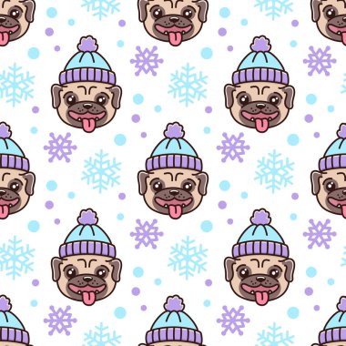 Köpek doğurmak pug şapkalı, Merry Christmas için kar taneleri ile ile şirin seamless modeli.