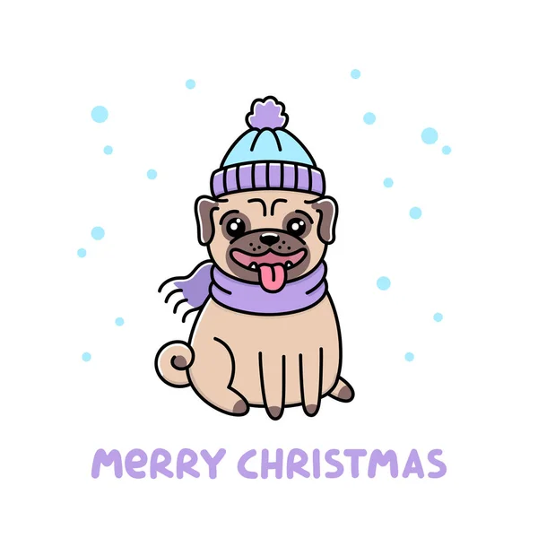 Cute dog breed pug in hat and scarf with snowflakes. — Stock Vector