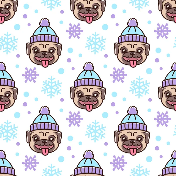Lindo patrón sin costuras con perro crianza pug en sombrero, con copos de nieve para Feliz Navidad . — Archivo Imágenes Vectoriales