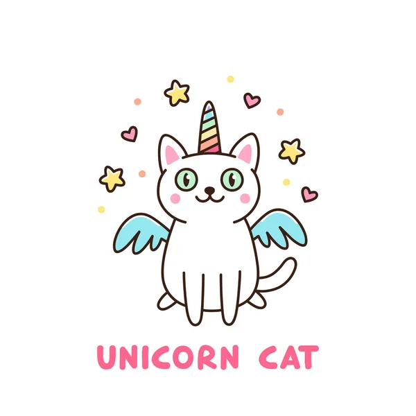 Lindo gato blanco en un traje de unicornio con alas y cuerno de arco iris . — Vector de stock