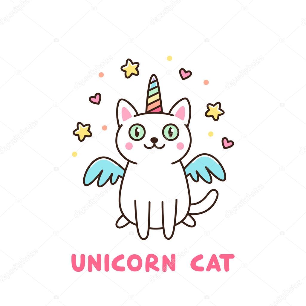 Cute white cat in a unicorn costume with wings and rainbow horn.