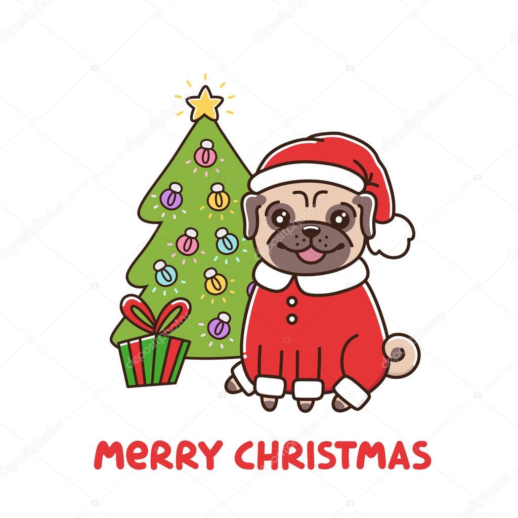 Cute dog breed pug in Santa Claus costume.