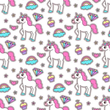 Sihirli unicorn, yıldız, elmas, pasta, kalp, bulut ve rainbow ile şirin seamless modeli.