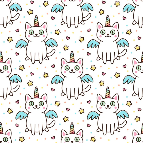 Mignon motif sans couture avec chat blanc dans un costume de licorne avec des ailes et corne arc-en-ciel . — Image vectorielle