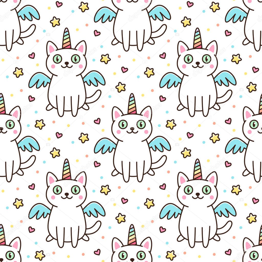 Cute seamless pattern with white cat in a unicorn costume with wings and rainbow horn.