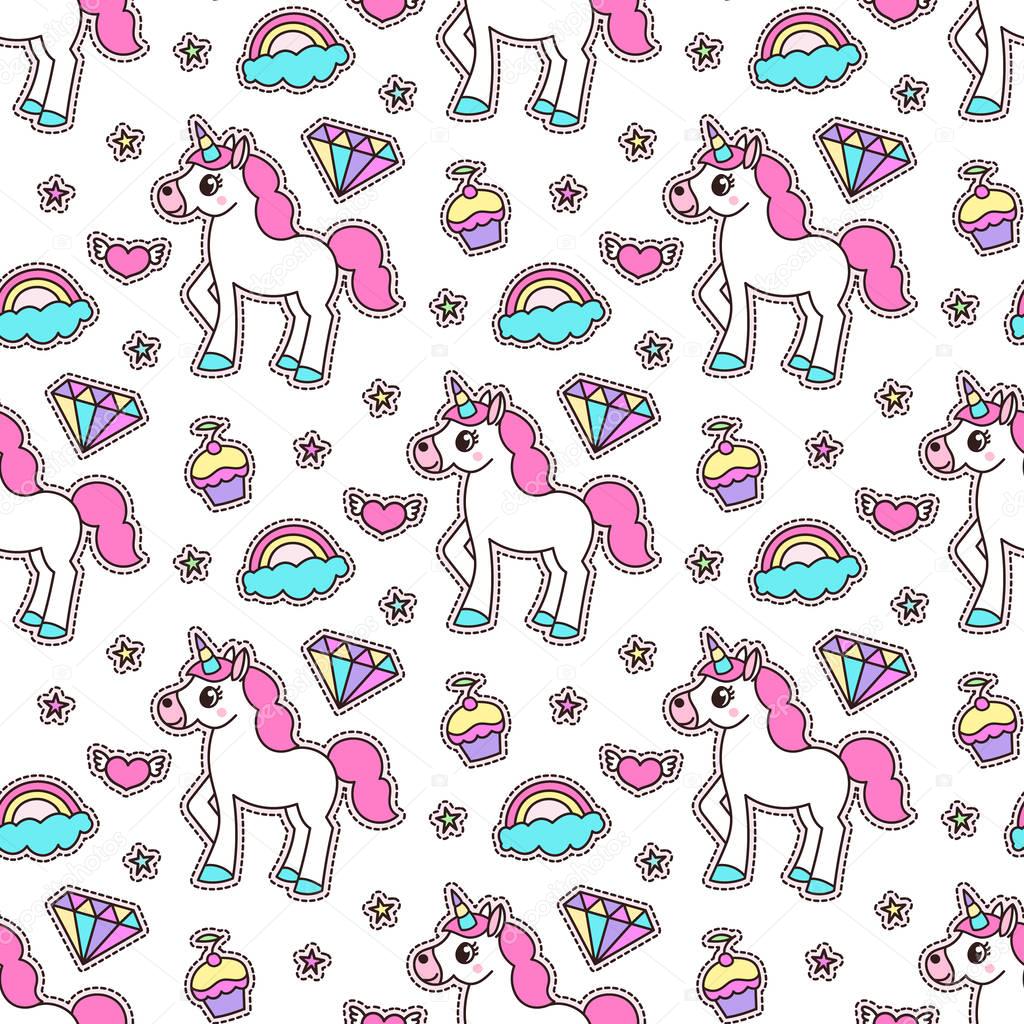 Cute seamless pattern with magical unicorn, star, diamond, cake, heart, cloud and rainbow.