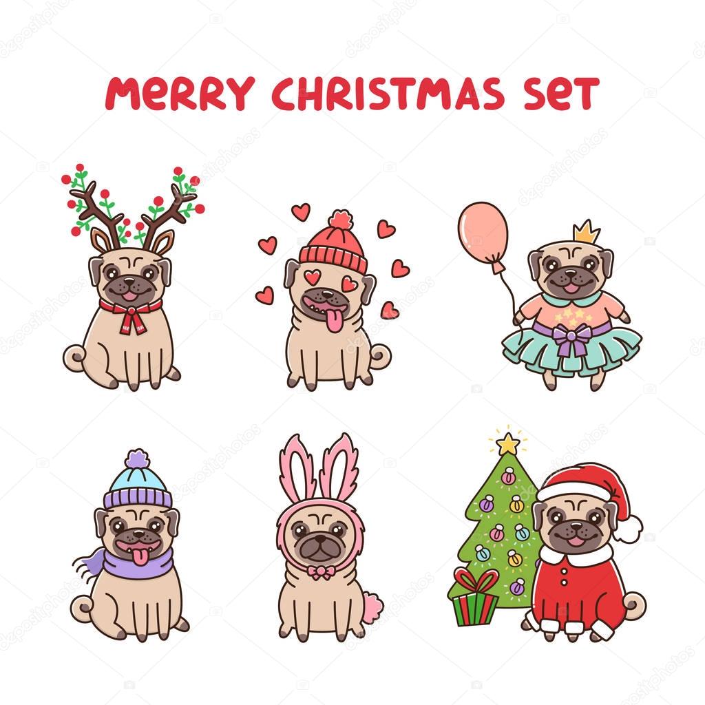 Set cute pug dogs in costume for Merry Christmas.