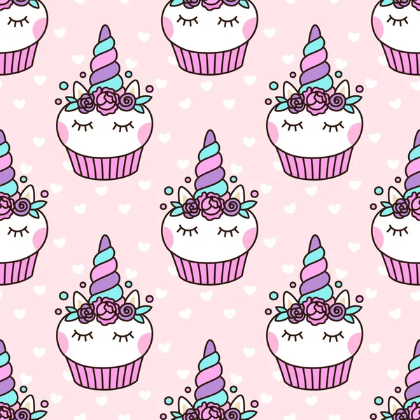 Seamless Pattern Cute Unicorn Cupcake Pink Background White Heart Can — Stock Vector