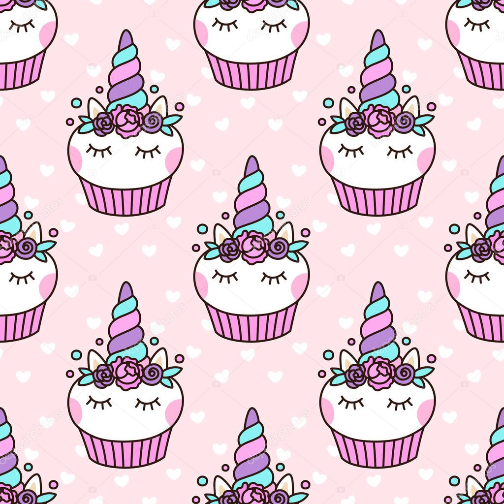 Seamless pattern with cute unicorn cupcake on a pink background with white heart. It can be used for packaging, wrapping paper, textile and etc.
