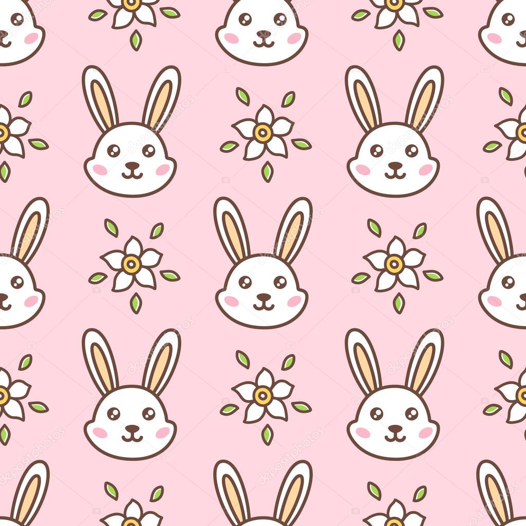Seamless pattern with cute face rabbit and flowers for Happy Easter. It can be used for packaging, wrapping paper, textile and etc. Excellent print for children's clothes, bed linens, etc.