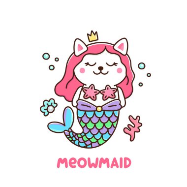 Deniz kızı kostümlü sevimli beyaz kedi. Bir deniz kızı, taç, inci, kabuk, mercan ve deniz yıldızı kuyruklu. Meowmaid - kelime oyunu Miyav ve deniz kızı. Bu etiket, yama, telefon durumda, afiş, t-shirt, kupa ve diğer tasarım için kullanılabilir.