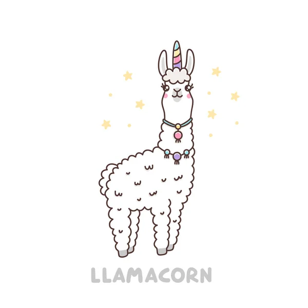 유니콘 의상에서 귀여운 라마입니다 Llamacorn 유니콘과 스티커 포스터 디자인을 사용할 — 스톡 벡터