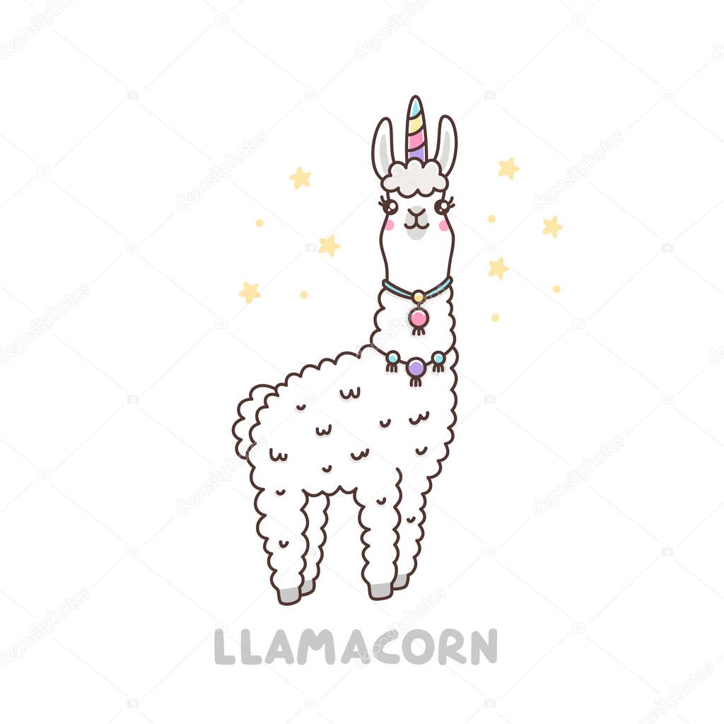 Cute llama in a unicorn costume. Llamacorn -  funny puns, unicorn and llama. It can be used for sticker, patch, phone case, poster, t-shirt, mug and other design.
