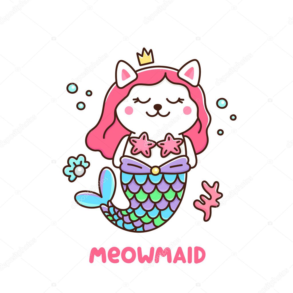 Cute white cat in a mermaid costume. With tail of a mermaid, crown, pearl, shell, coral and starfish. Meowmaid - wordplay meow and mermaid. It can be used for sticker, patch, phone case, poster, t-shirt, mug and other design.