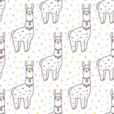 Bir gülümseme, bir beyaz arka plan ve çok renkli konfeti ile kawaii Lama ile Seamless modeli. Kağıt, Tekstil ve etc ambalaj için kullanılabilir. Çocuk giyim, yatak çarşafları, vb. için mükemmel baskı.