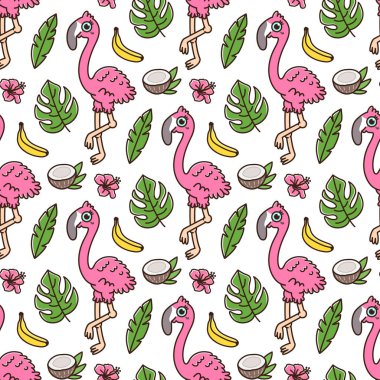 Flamingo, muz, Hindistan cevizi, palmiye yaprakları ve hawaiian hibiscus çiçek ile tropikal seamless modeli. Kağıt, Tekstil ve etc ambalaj için kullanılabilir. Çocuk giyim, yatak çarşafları, vb. için mükemmel baskı.