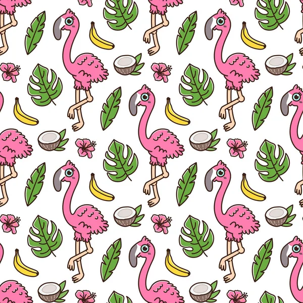 Motif Tropical Sans Couture Avec Flamant Rose Banane Noix Coco — Image vectorielle