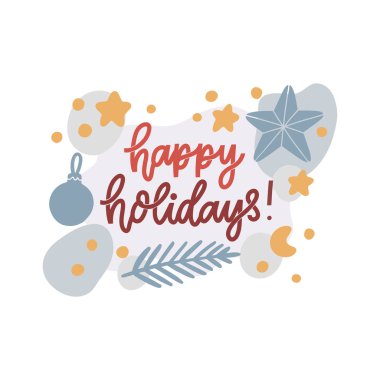 Yıldız, köknar ağacı, Noel süsleri ve yazıtlı İskandinav kartı: iyi tatiller! Vektör Resmi.