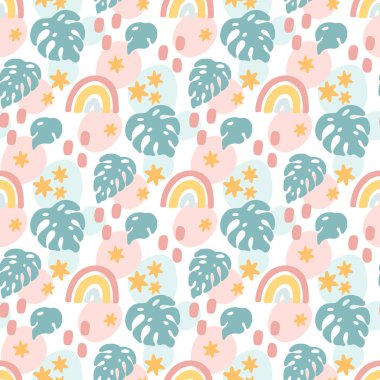 İskandinav tarzında gökkuşağı, yıldız ve palmiye yapraklı deniz karmaşası deseni. Giysi, çocuk odası dekorasyonu, tekstil, ambalaj, ambalaj kağıdı vs. için yaratıcı baskı.
