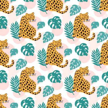 Leopar ve palmiye yapraklı tropik deniz mahsulü deseni. Giysi, çocuk odası dekorasyonu, tekstil, ambalaj, ambalaj kağıdı vs. için yaratıcı baskı.