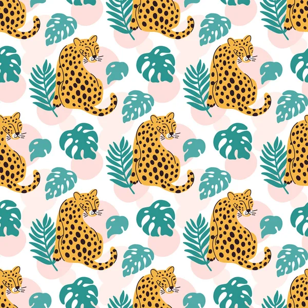 Tropical seamess pattern with leopard and palm leaves. Creative print for apparel, nursery decoration, textile, packaging, wrapping paper etc.