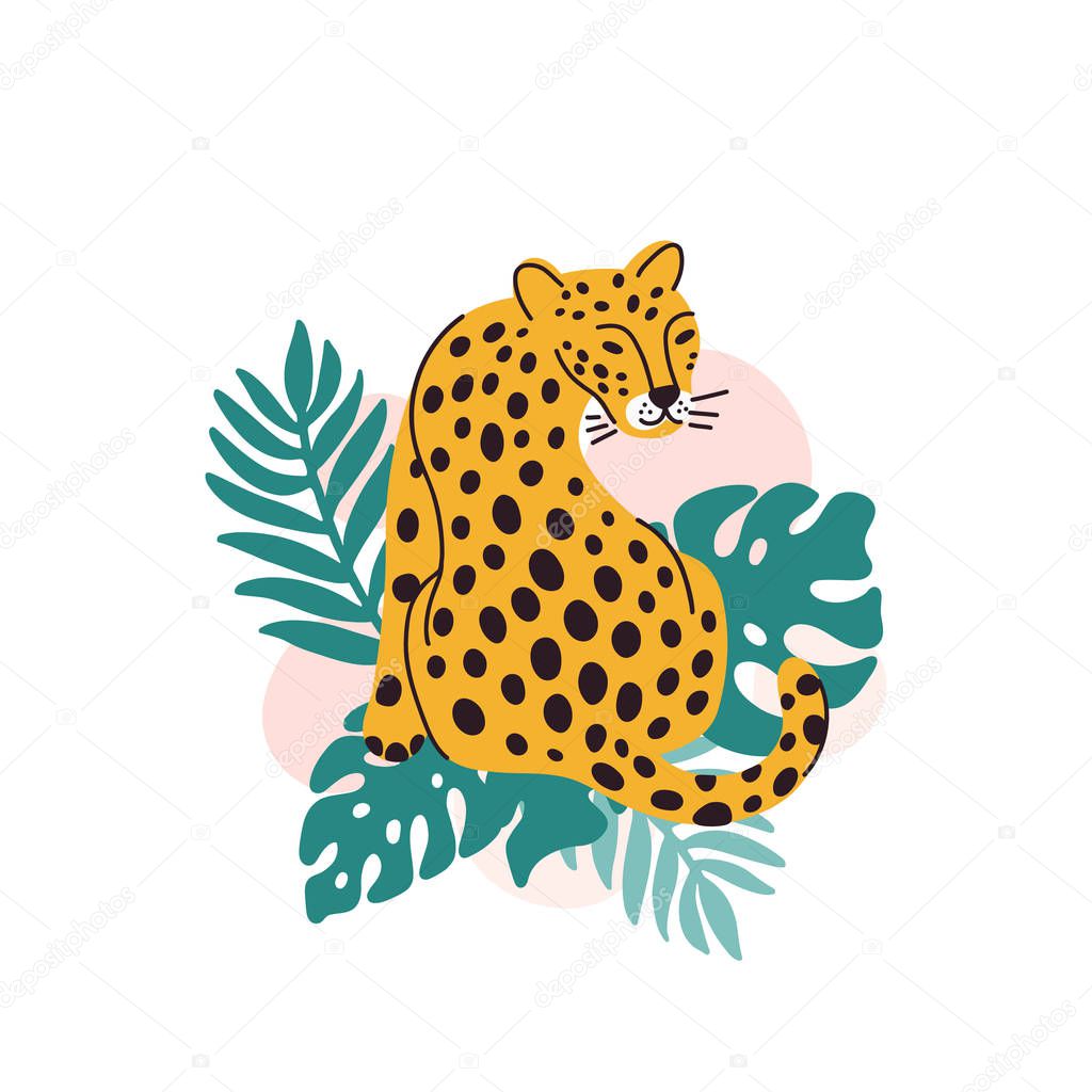 Leopard with palm leaves on a white background. It can be used for sticker, patch, phone case, poster, t-shirt, mug and other design.
