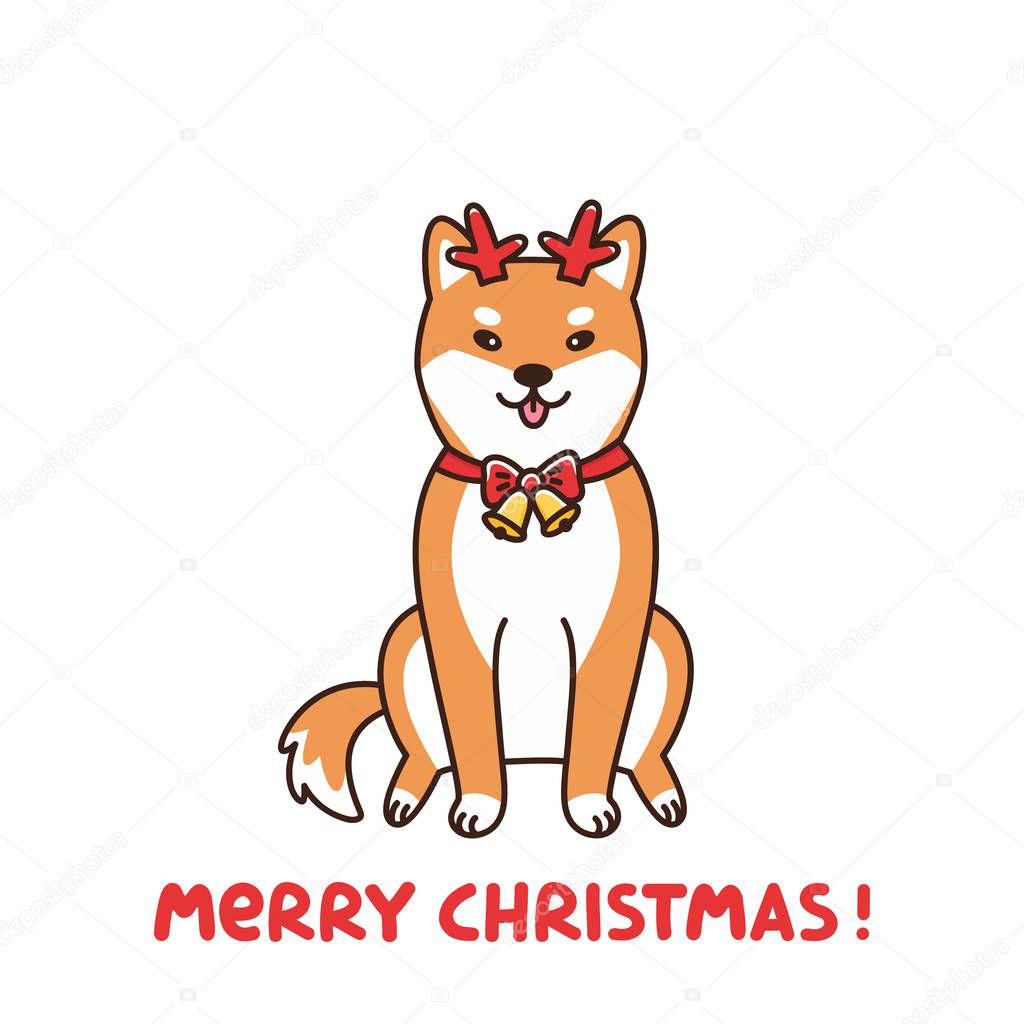 Shiba inu in the costume of a deer, assistant Santa Claus. Merry Christmas card. It can be used for sticker, patch, card, poster, t-shirt, mug and other design.