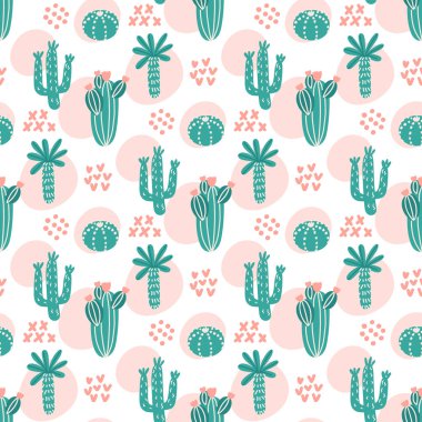 Farklı kaktüslerle tropik deniz kirliliği deseni. Giysi, bebek odası dekorasyonu, tekstil, ambalaj, ambalaj kağıdı vs. için yaratıcı baskı. İskandinav tarzında yazdır.