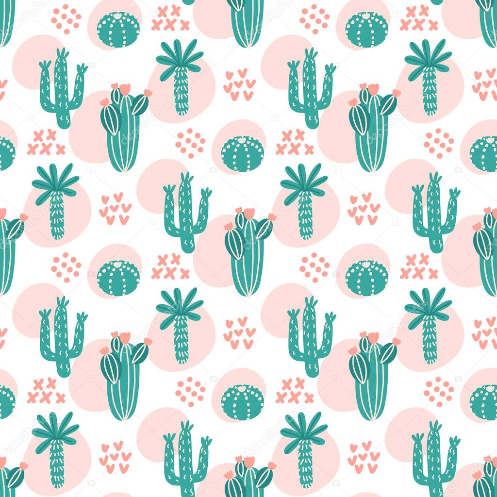 Tropical seamess pattern with different types of cacti. Creative print for apparel, nursery decoration, textile, packaging, wrapping paper etc. Print in Scandinavian style.