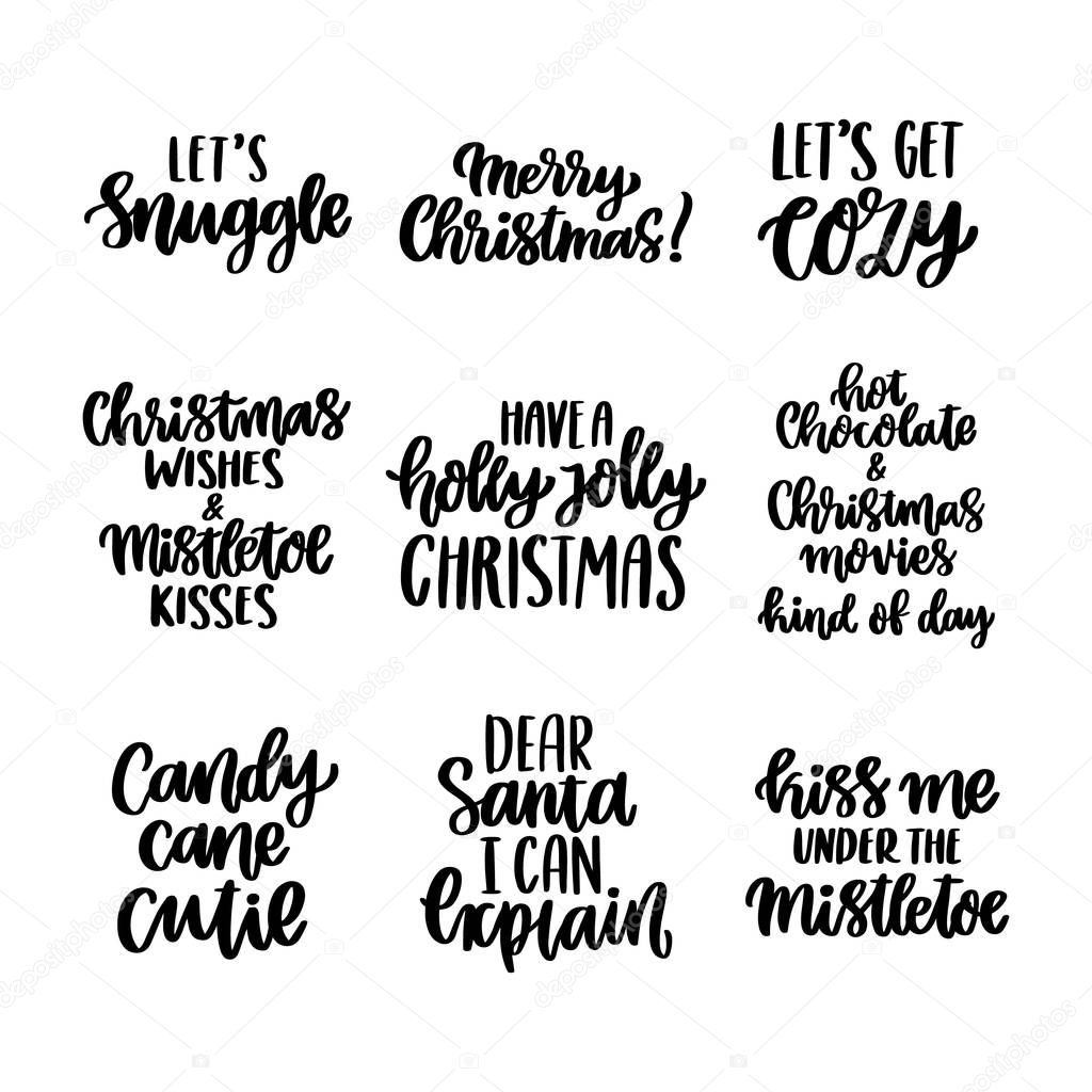 Set of 9 hand-drawing inscriptions, for Christmas holidays, winter time. It can be used for a invitation card, brochures, poster and other materials.