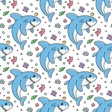 Köpek balığı ve inci, kabuk, mercan ve deniz yıldızlı kusursuz desen. Paketleme, ambalaj kağıdı, tekstil vs. için mükemmel tasarım.