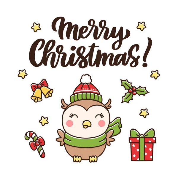 Şapkalı Atkılı Yazılı Şirin Baykuş Mutlu Noeller Kart Poster Tişört — Stok Vektör