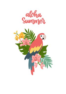 Tropikal yapraklı, orkideli ve el yazıyla çizilmiş papağan. Ev dekorasyonu için güzel tropikal baskı tasarımı. Modern vektör illüstrasyonu.