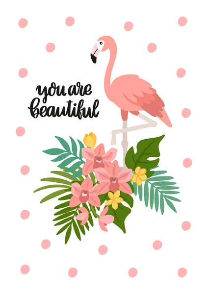 Flamingo Med Tropiska Blommor Blad Och Med Handritade Fras Vacker — Stock vektor