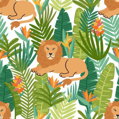 Aslan ve egzotik tropikal bitkilerle deniz mahsulü deseni. Ev dekorasyonu, tekstil, ambalaj, ambalaj kağıdı vs. için güzel hayvan baskısı tasarımı. Modern vektör illüstrasyonu.