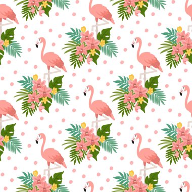 Flamingo, tropikal çiçekler ve yapraklarla deniz mahsulü deseni. Giysi, çocuk odası dekorasyonu, tekstil, ambalaj, ambalaj kağıdı vs. için yaratıcı baskı.