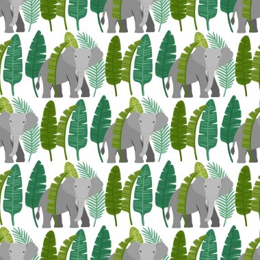 Fil ve palmiye yapraklı deniz mahsulü deseni. Giysi, çocuk odası dekorasyonu, tekstil, ambalaj, ambalaj kağıdı vs. için yaratıcı baskı.