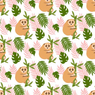 Seamess pattern with cute lemur lory on a bamboo branch. Creative print for apparel, textile, packaging, wrapping paper, nursery decoration etc. clipart