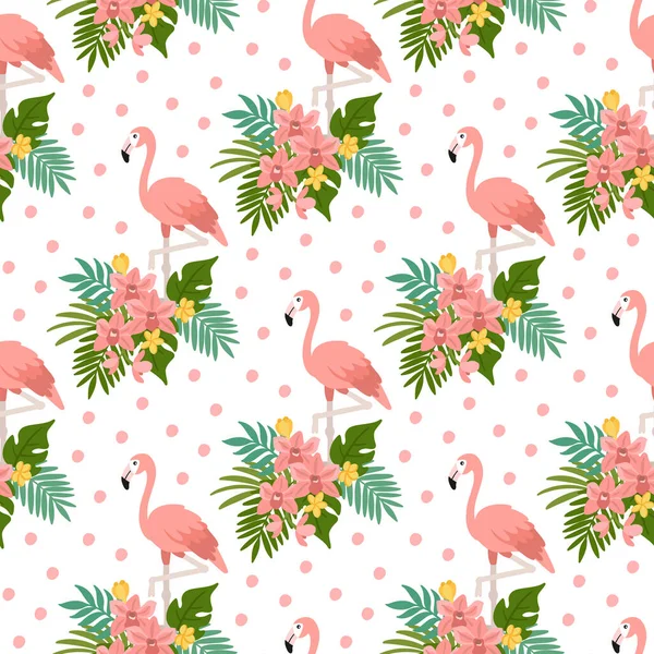 フラミンゴや熱帯の花 葉とシームレスなパターン アパレル 保育園の装飾 包装紙などのための創造的なプリント — ストックベクタ