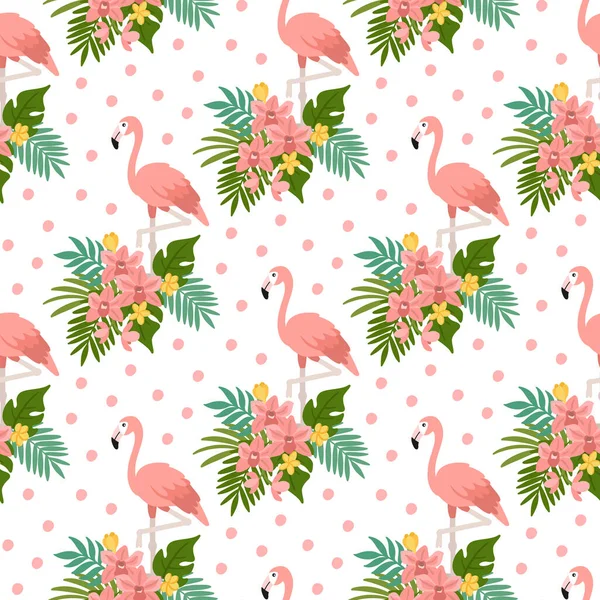 Motif Sans Couture Avec Flamant Rose Fleurs Tropicales Feuilles Impression — Image vectorielle