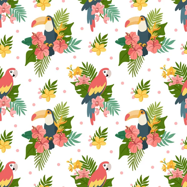 Motif Sans Couture Avec Toucan Perroquet Orchidées Hibiscus Frangipani Feuilles — Image vectorielle