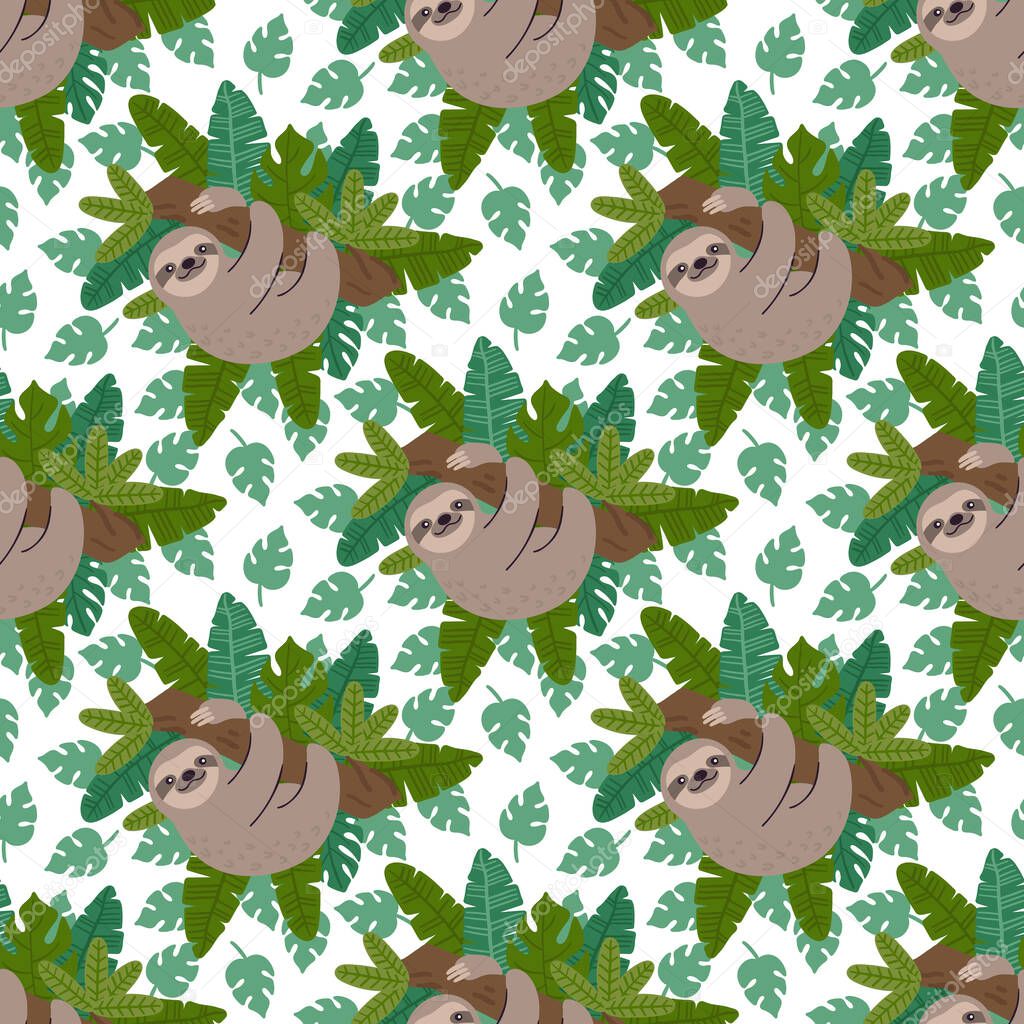 Seamess pattern with sloth and exotic tropical leaves. Creative print for apparel, nursery decoration, textile, packaging, wrapping paper etc.