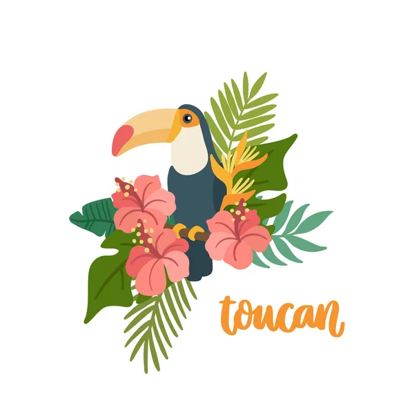 Toucan Com Flores Tropicais Folhas Palma Bela Impressão Animal Para —  Vetores de Stock