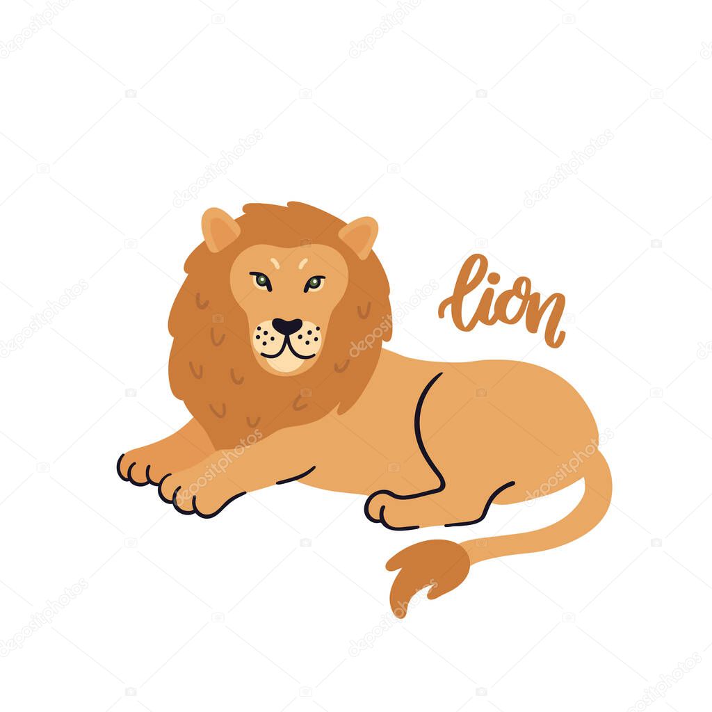 Animal lion isolated on white background. Beautiful animal print for home decor, card, mug, brochures, poster, t-shirts etc. Modern vector illustration.